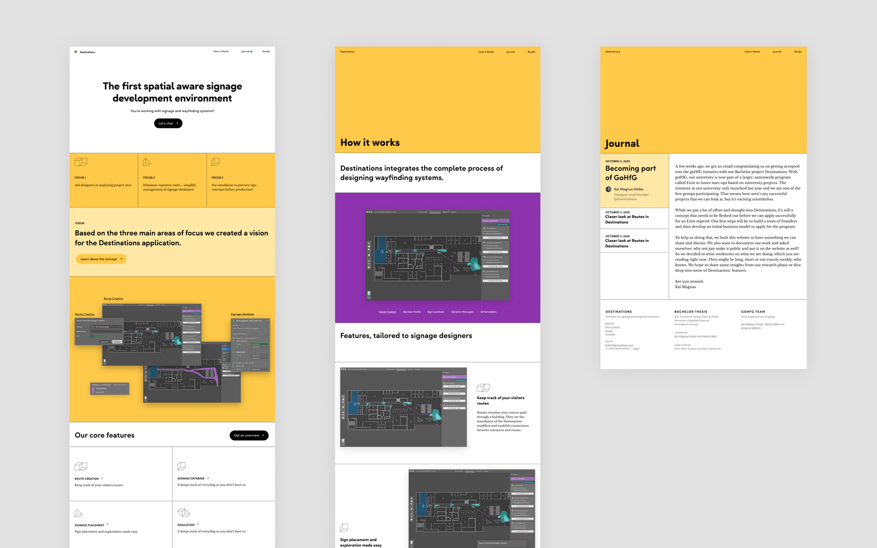 Three example screens of the new landing page concept. Our index page, feature overview page and blog.